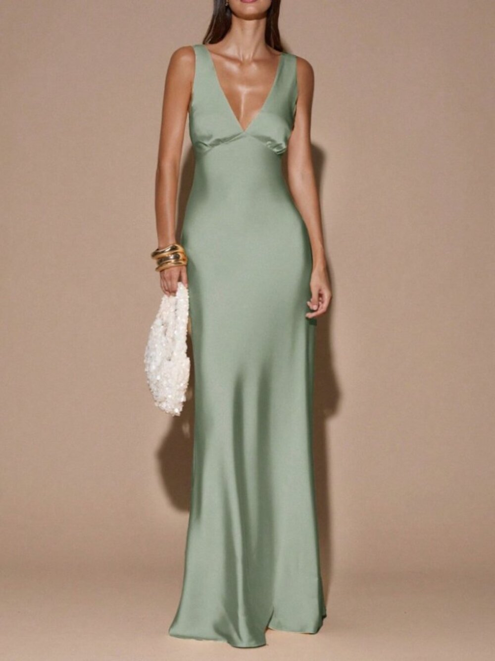 Mint Green Satin Deep V-Neck Maxi Dress